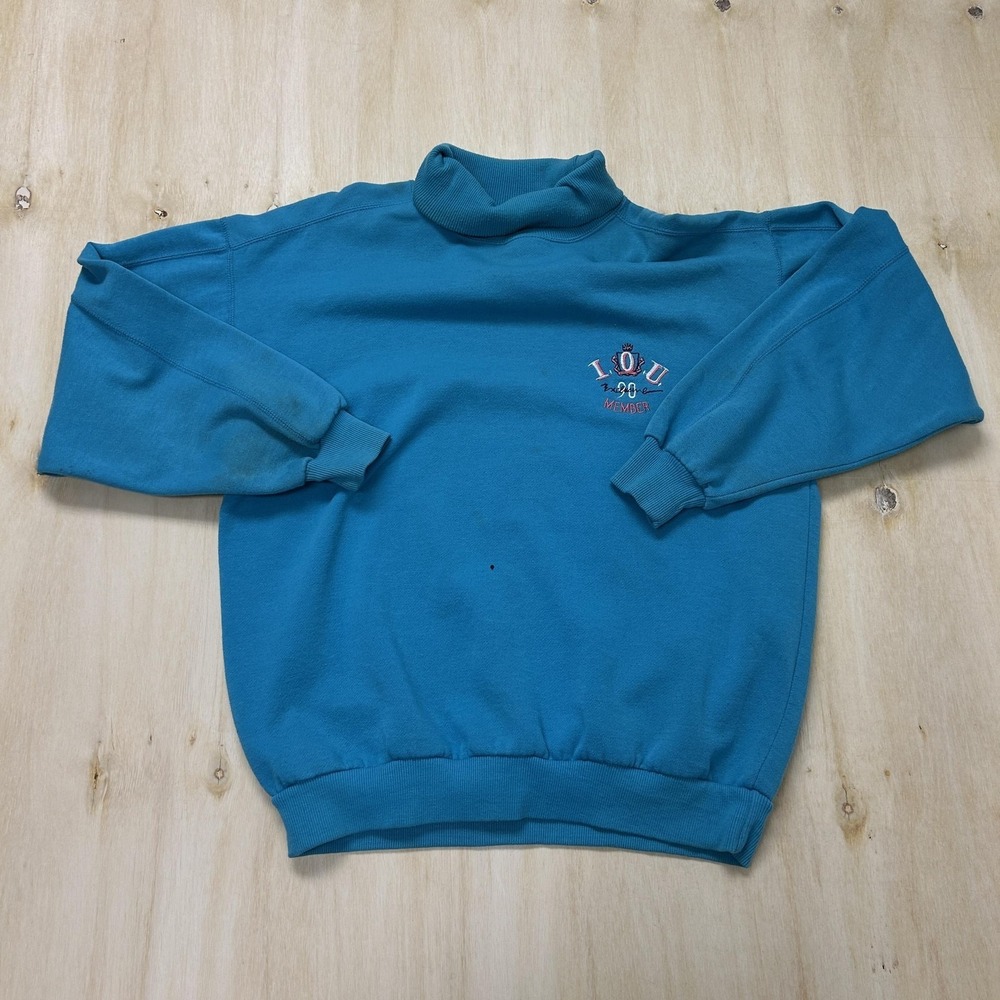 Vintage 90s IOU Sweatshirt Mens Medium Blue Fleece Mock Neck Member Logo